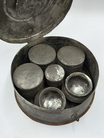 1800s Antique Toleware Apothecary/ Medicine Mixing Box, W Canisters in Round Tin
