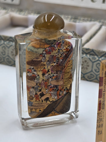 RARE RIVERSCENE CHINESE ASIAN PAINTED SET OF 6 SNUFF BOTTLES IN PRESENTATION BOX