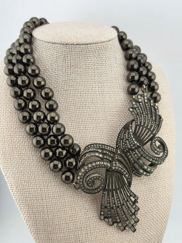 Rare Vintage Heidi Daus Statement Necklace & Bracelet, Chunky Black Faux Pearls