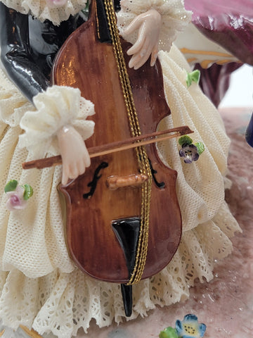 Antique 19th C Victorian Dersden Germany Laced Figurine Music Trio In Glass Dome