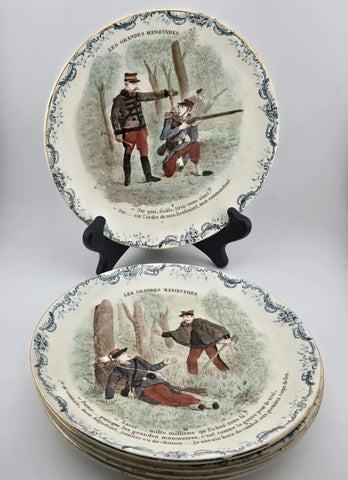 Set Of 6 ANTIQUE FRENCH TERRE DE FER PORCELAIN MILITARY PLATES. 7.5 Inch.