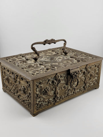 Antique Victorian Renaissance 1880 German Brass Repousse Jewelry Casket/ Trinket