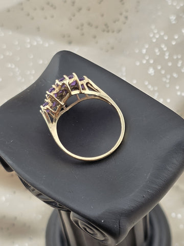 Antique 10K Solid Gold Amethyst Cluster Ring Diamond Accents Size 7.5 W Box.