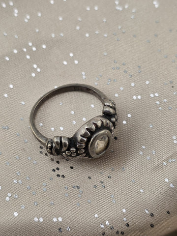 Antique 925 Sterling Silver Oval Clear Stone Floral Oxidized Artisan Ring Sz 8