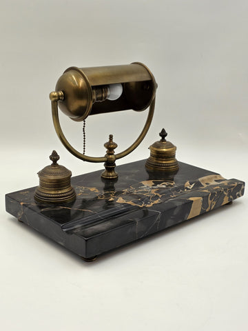 1920 Art Deco Brass Barrel Desk Lamp on Portoro Marble Base Dual Brass Inkwells