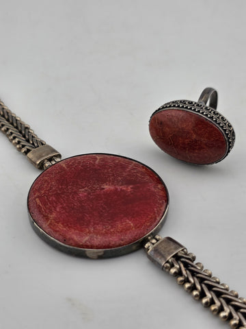 ANTIQUE 1940'S STERLING SILVER NATURAL RED CORAL BRACELET & RING SET HANDCRAFTED
