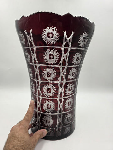 Rare Huge XL Bohemian Czech Ruby Cut to Clear Crystal Vase 14" Star Pattern