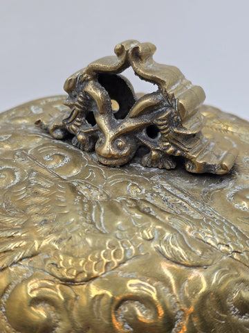 Antique Chinese Brass Dragon Handle Lidded Tureen Qing Hot Pot with Foo Dog Lid