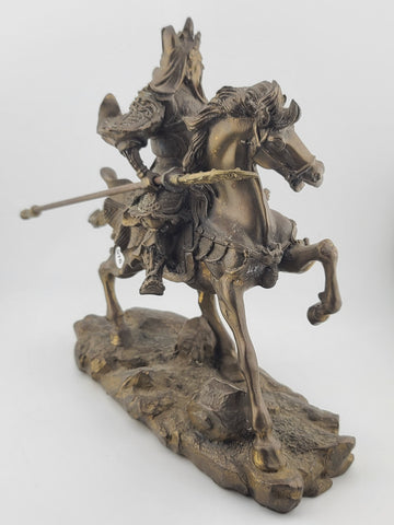 Antique 9" Chinese Ancient Bronze Guan Gong Yu Warrior God Ride Horse Statue