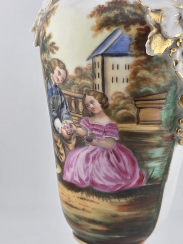 Antique 19thC Hand Painted Porcelain Vase Romantic Scene Gold Gilt Paris Style