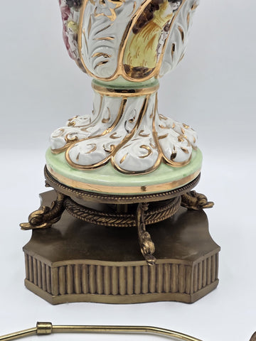 Vintage Italian Capodimonte Hand-Painted Porcelain Table Lamp W Metal Base.