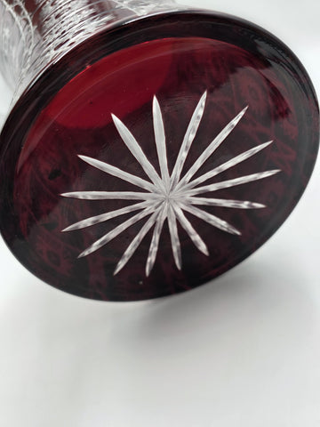 Rare Huge XL Bohemian Czech Ruby Cut to Clear Crystal Vase 14" Star Pattern