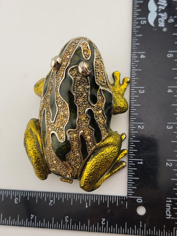Black & Green Enamel Frog Trinket Box - Jeweled Gold Tone w/ Magnetic Closure