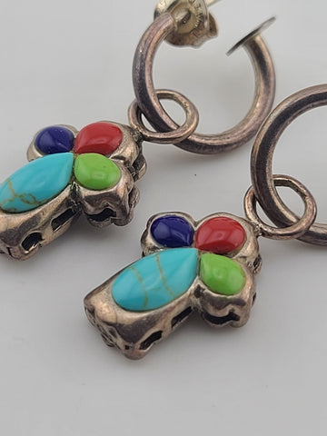 Rare OOAK Sterling Silver Southwestern Inlay Cross Dangle Hoop Earrings 925
