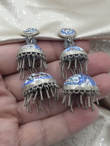 Rare Antique Hand Painted Filigree Silver Lantern Chandelier Dangling Earrings.