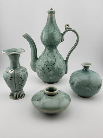 Rare Set Of 4 Goryeo Celadon Cloud & Crane Design Mineiwa Korean Living National
