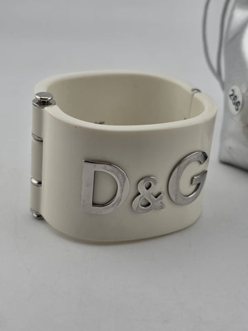Vintage 2in Thick Dolce & Gabbana Logo Cuff Bangle 81AG White & Silver. 7 Inch