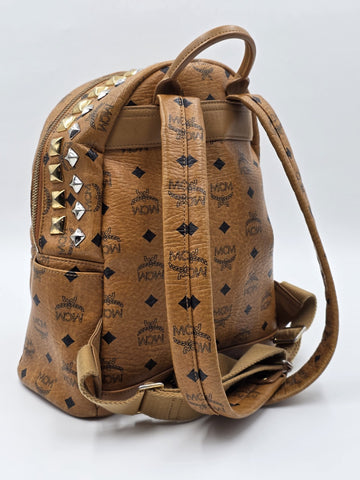 Rare MCM Stark Side & Top Studs Backpack In Cognac Visetos Coated Canvas W5914