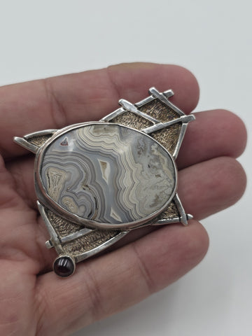 Vintage 925 Sterling Silver Banded Agate Garnet Artisan Brooch Pendant 27.9g
