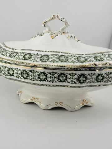 RARE BISHOP & STONIER ENGLAND RODEN GREEN COVERED TUREEN & LID 24K GOLD TRIM