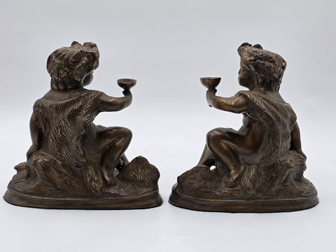 SET OF 2 FRENCH BRONZE SCULPTURE BY E. ROSSY ,PUTTI CHERUBS HOLDING A WINE CUP