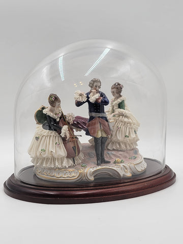 Antique 19th C Victorian Dersden Germany Laced Figurine Music Trio In Glass Dome