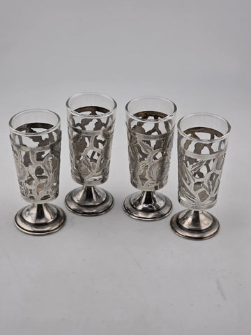 SET Of 4 MID-CENTURY MEXICO STERLING SILVER 3" PIERCED CORDIALS, GLASS LINERS