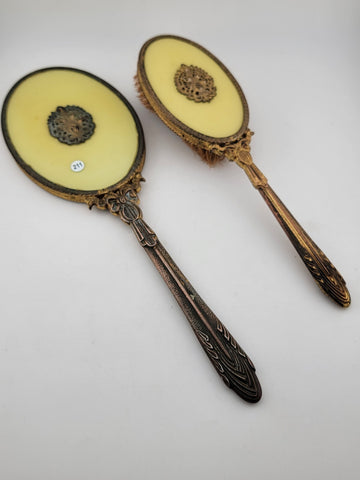 ANTIQUE 19th C Victorian 2-PIECE HANDHELD BRASS MIRROR & BRUSH SET Yellow Enamel
