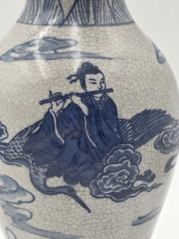 Antique Chinese Blue &White Crackle Glaze Porcelain Vase Immortals Qianlong Mark