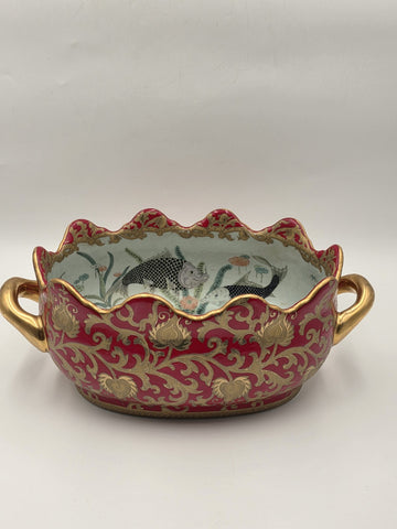 Antique XL Chinese handpainted Red porcelain 24kt gold Oval Footbath, Jardiniere