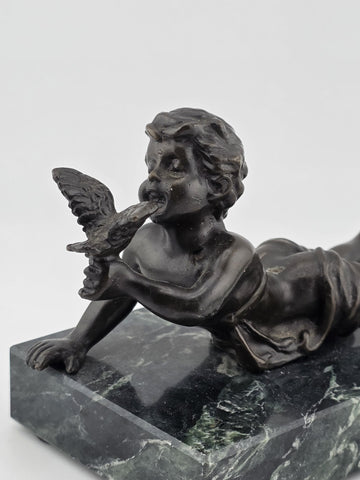 Vintage Small Bronze Child w/ Bird Figurine on Green Marble Pedestal Base Signed