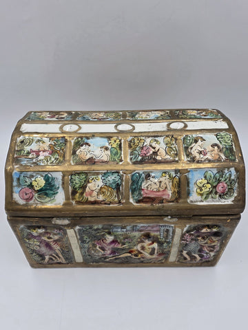 Rare Antique 19th C Large Capodimonte Gilded Porcelain Jewlery Box hand painted.