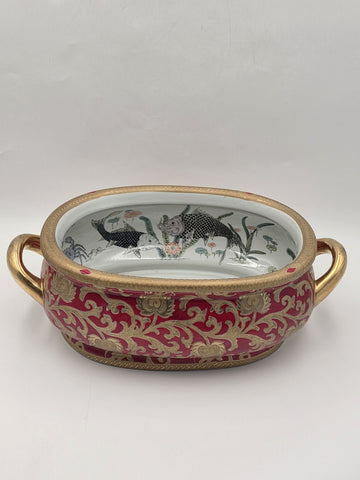 Antique XL Chinese handpainted Red porcelain 24kt gold Oval Footbath, Jardiniere