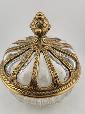 Antique Hand Blown Bubble Glass & Brass Lidded Bowl Container. Read Description.