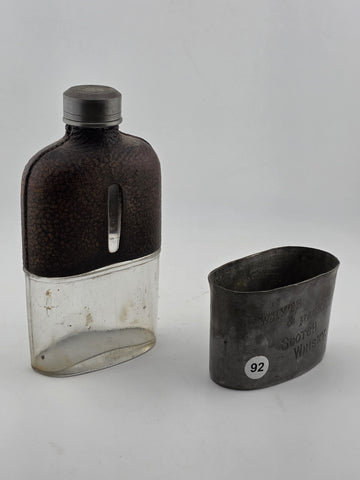 Rare Antique C1920 Whyte & Mackay Leather Wrapped Scotch Flask Pewter Sleeve Cup