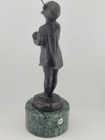 Vintage Bronze Sculpture by Suzanne Crizaro “Girl Blowing Bubbles” Marble Stand