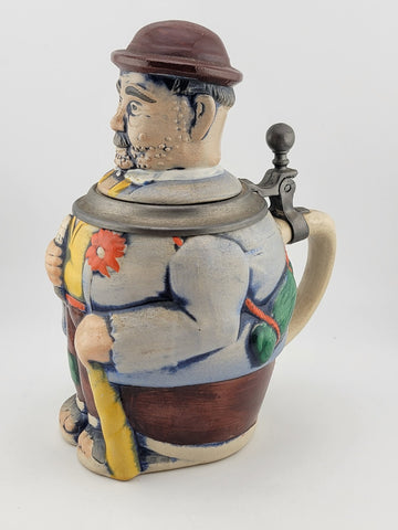 Rare Antique Westerwald Figuren-Bierkrug Lidded Beer stein Hikers With Grain