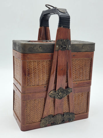 Antique Japanese Meiji Bamboo Picnic Basket Bento Box Woven Basket Complete Case