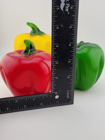 3 Vintage Glass Vegetable Peppers with Stem Murano Style Red Yellow Green