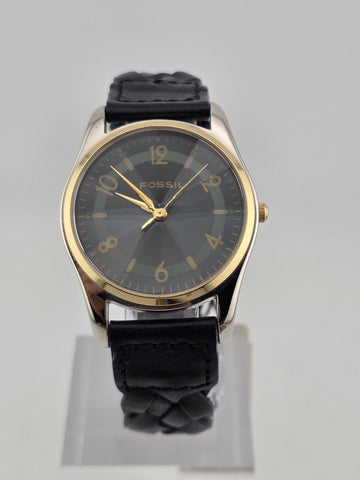 NIB Fossil PC-9626 Gold Tone Black Dial Quartz Watch Leather Strap 36mm
