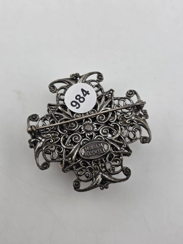 VTG 1950s Signed Miriam Haskell Brooch Pin 1 7/8 Filigree Faux Pearls Ornate