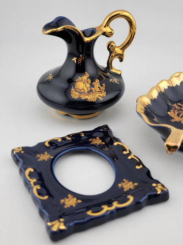 Set Of 3 Limoges Castel France Cobalt Blue 22 Karat Gold Pieces Courting Couple.