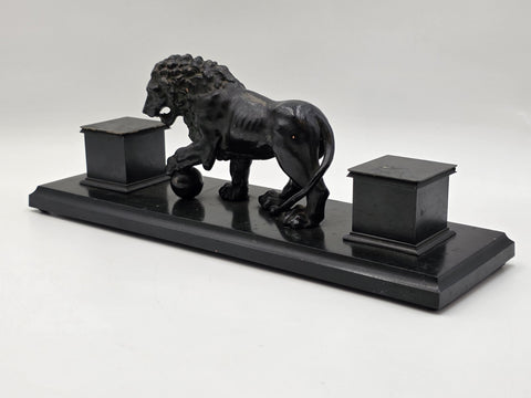 19th C Victorian Cast Iron Lion Double Inkwell Desk Set Antique Black Japanned.