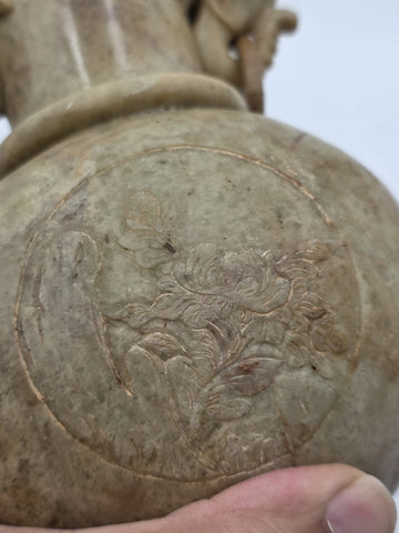Antique Chinese Carved Hardstone Vase Elephant Ring Handles Stone Stand 12"