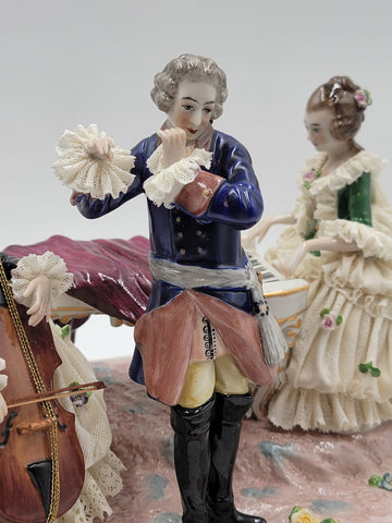 Antique 19th C Victorian Dersden Germany Laced Figurine Music Trio In Glass Dome
