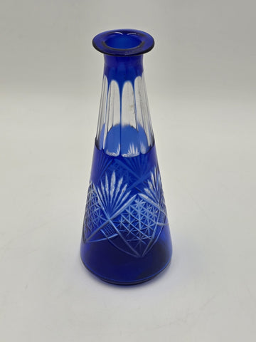 Bohemian Cobalt Cut to Clear Crystal Vase 10” Starburst Fan Pattern Vintage