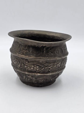Antique 19th C Hand Chased Silver Tone Metal Bowl Floral Repousse Asian Cachepot