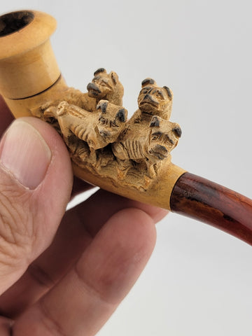 Antique 19th C 4 Pugs Meerschaum Pipe/ Cig. Holder W Amber Stem. Original Case.