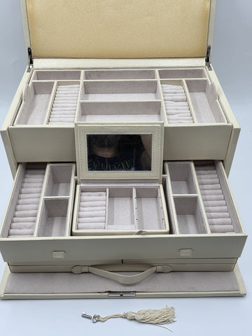 Vintage XL Pottery Barn 4 Level Jewelry Box Organizer Cream Case W Mirror & Key.