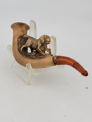 Antique 1920's French Dog Meerschaum & Amber Cigarette Holder W Original Case.
